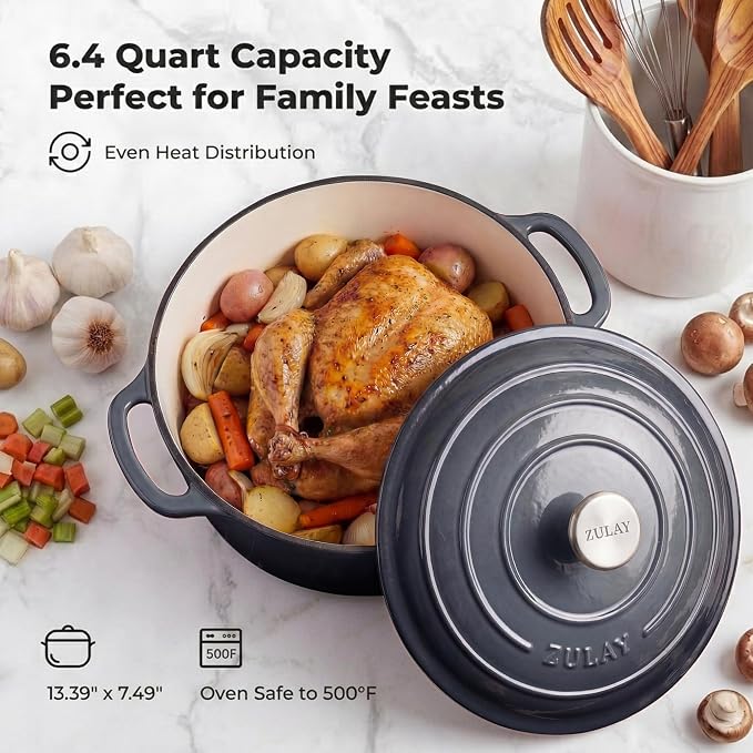 Zulay Kitchen 6.4QT Enameled Cast Iron Dutch Oven Pot with Lid, Heavy-Duty Soup Pot for Stews, Braising, Roasting & Sourdough Bread Baking, Oven Safe up to 500°F – Gray