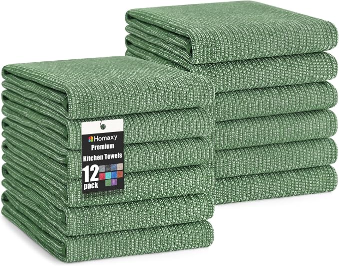 Homaxy 380 GSM Cotton Premium Kitchen Towels 12 Pack, 18"x 28", Grass Green | Flat and Terry Dish Towels, Highly Absorbent Tea Towel Set with Hanging Loop, Soft Utility Kitchen Hand Towels