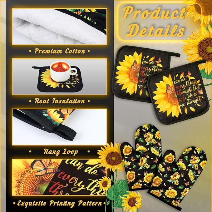 Bencailor 6 Pcs Sunflower Kitchen Decor Black Sunflower Kitchen Towels Pot Holders and Oven Mitts Sets 2 Farmhouse Cooking Mittens for Cooking Grilling Supply Accessories