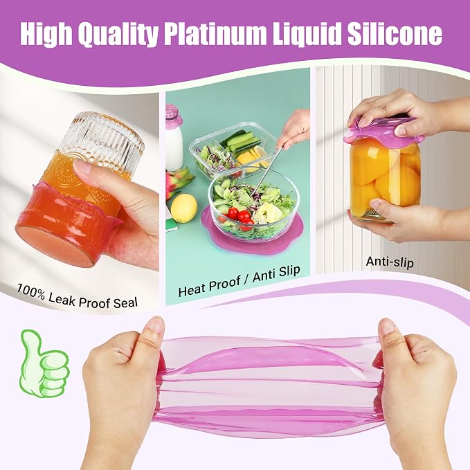 Silicone Stretch Lids for Food Storage in Fridge, Reusable Elastic Bowl Covers for Cup, Cans, Jars, Round & Rectangle Container, Food Grade Silicone Microwave Food Cover, Purple, 6PCS