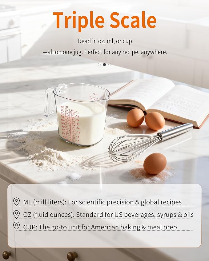 -BINGBING- Measuring Cups Set of 3, Plastic, Nesting Design, Pour Spout | 1L, 2 Cup, 1 Cup with Ml & Oz Markings, Non-Slip Base & Pour Spout for No Mess, Nesting Design for Kitchen, Baking & Cooking