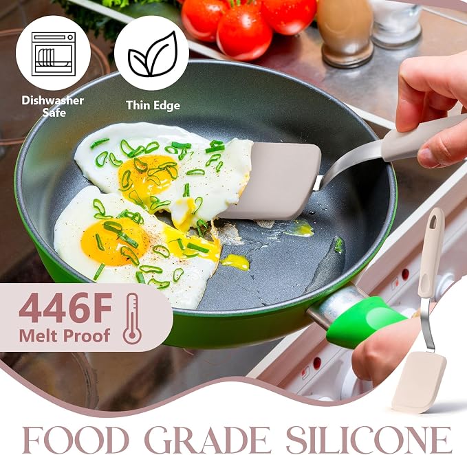 Silicone Cookie Spatula Turner 2 Pack Mini Brownie Spatula Flexible Kitchen Small Silicone Turner for Nonstick Cookware Heat Resistant No Scratch Flipper for Egg(Solid Flat,Khaki)