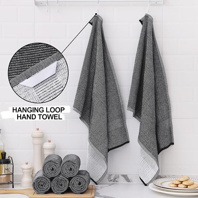 Homaxy 380 GSM Cotton Premium Kitchen Towels 12 Pack, 18"x 28", Black | Flat and Terry Dish Towels, Highly Absorbent Tea Towel Set with Hanging Loop, Soft Utility Kitchen Hand Towels