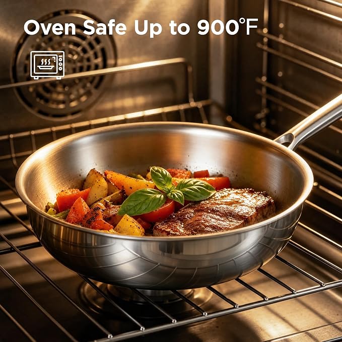 COOKER KING 11" Wok Pan with Lid, Stainless Steel Deep Skillet for Stir-Fry | Non-Toxic Uncoated Cookware, Flat Bottom, Oven Safe, Induction Ready, Stay-Cool Handle, 3-Ply Stainless Steel Clad