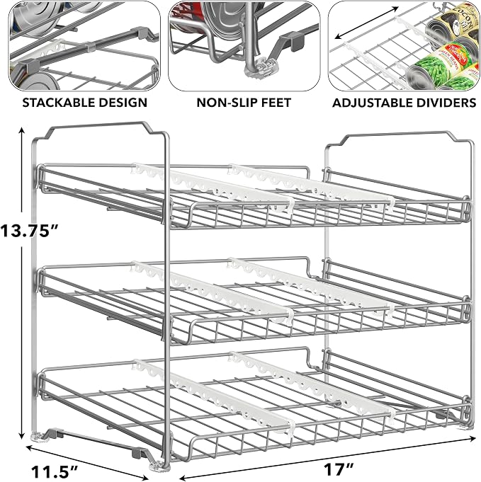 Simple Houseware Stackable Can Rack, Silver, Adjustable Plastic Dividers, Holds 36 Cans | Can Food Storage Dispenser for Pantry/Cabinet, Adjustable Dividers – 11.5" D x 17" W x 13.75" H