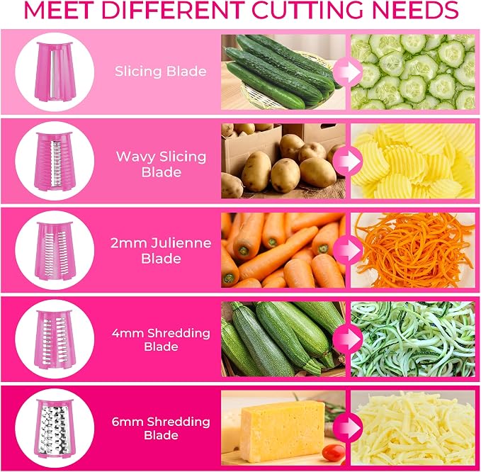 SUSTEAS Rotary Cheese Grater 5 Blades,Kitchen Mandoline Vegetable Slicer | Easy to Clean, Strong Suction Base, Blades Storage Box, Round Mandoline Slicer & Food Chopper for Cheese,Salad,Nut, Pink