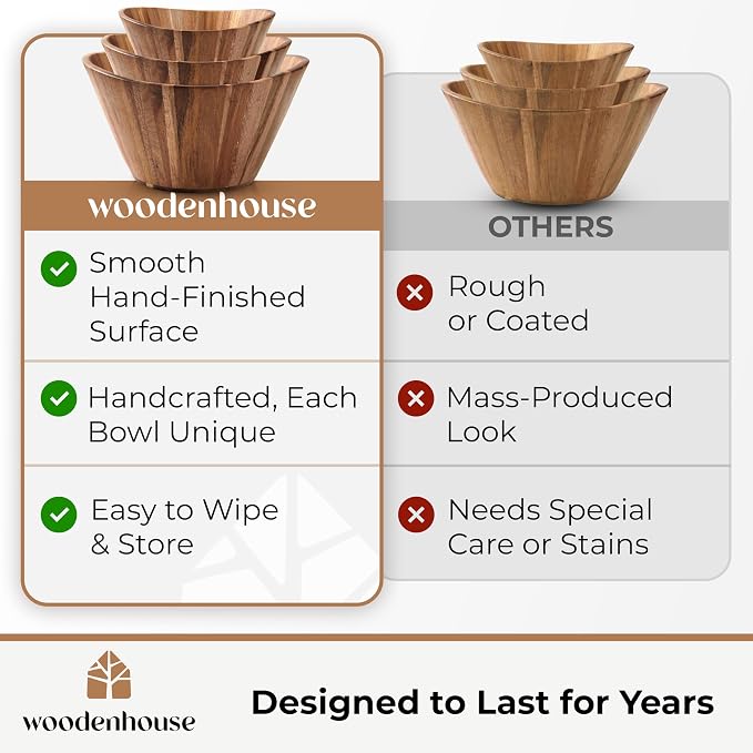 Wooden Salad Bowl Set of 3, Wavy 12" 10" 8" Wood Serving & Mixing Bowls | Handmade and durable with a stylish natural grain; nesting large, medium and small sizes; great for food, fruit and gifts