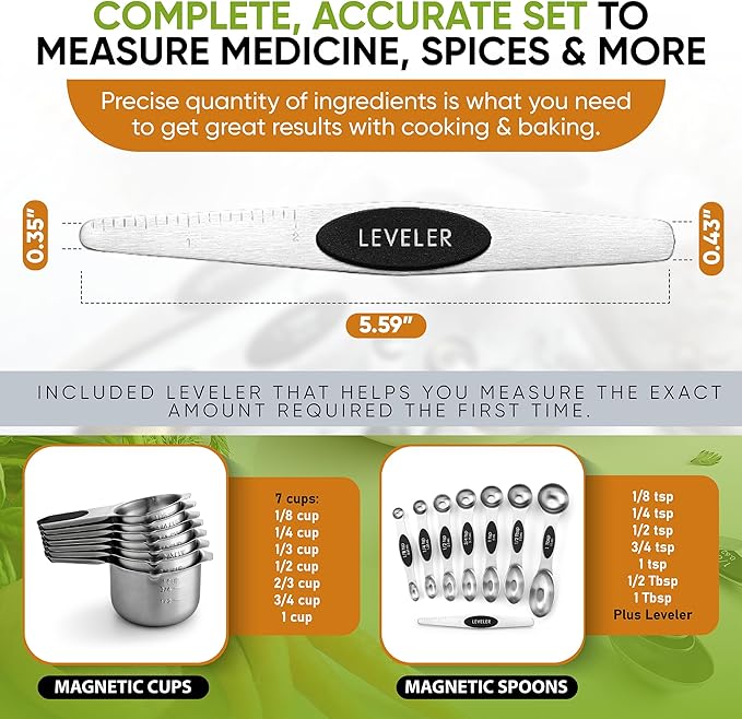 Spring Chef Magnetic Measuring Cups & Spoons Set of 15, Patented, Black | Stackable Stainless Steel Measuring Cups & Heavy Duty Metal Measuring Spoons with Levelers for Dry & Liquid Ingredients