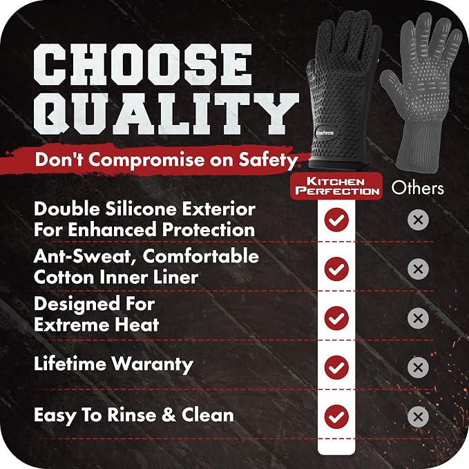 KITCHEN PERFECTION S Silicone Smoker BBQ Gloves - Heat Resistant Oven Mitts | Waterproof, 5-Finger Design For A Better Grip, for Pitmasters, Meat Smoking, Grilling, Cooking, Frying Turkey | Grill Gift