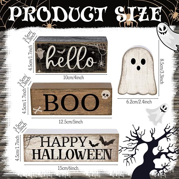 Lineshading 4 Pcs Halloween Table Decor Surprised Ghost Tiered Tray Decor | Stacked Blocks with Ghost, Rustic Wood, For Tabletop Shelf Mantel, Halloween Farmhouse Home Styling, Gift Ready
