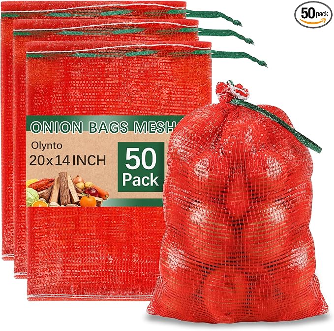 50 Pcs 20x14in Red Mesh Onion Bags with Drawstring, 35 lb Reusable Fresh Produce Onion Storage Sacks For Onions Potato Garlic Citrus Crawfish Firewood ,Washable Breathable Net Bags For Vegetable | Breathable
