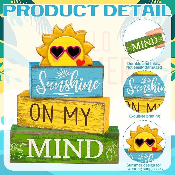Lineshading 4 Pcs Summer Wooden Block Signs Table Decor Sunshine | Rustic Farmhouse Decorations for Tiered Tray, Shelf Displays, Seasonal Home Accents with Sun Topper, Stackable Design