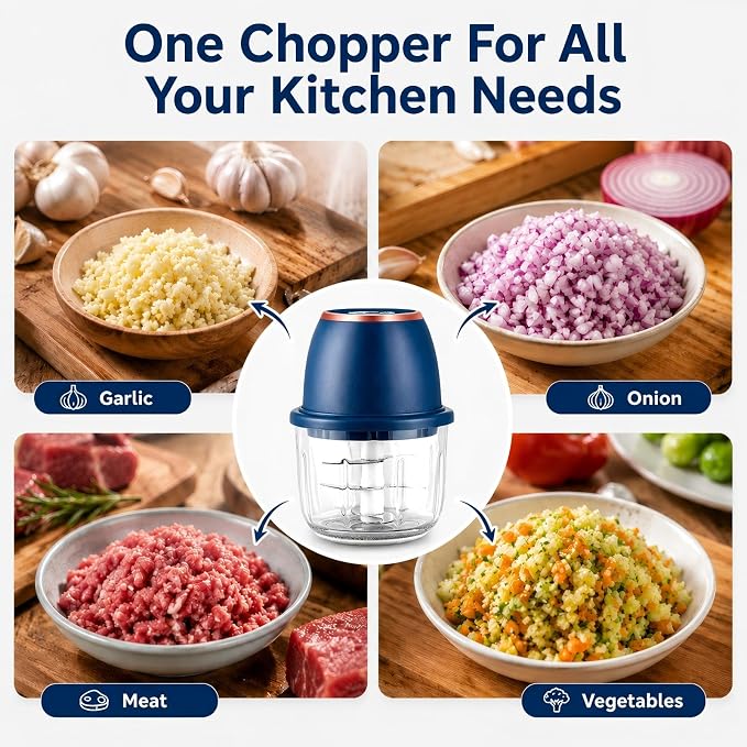 Electric Garlic Chopper, 350ml Mini Food Processor with 6 Stainless Steel Blades & Thickened Glass Bowl, USB Rechargeable Portable Food Grinder for Garlic, Onion, Nuts, Meat, Chili & Fruit(Blue)