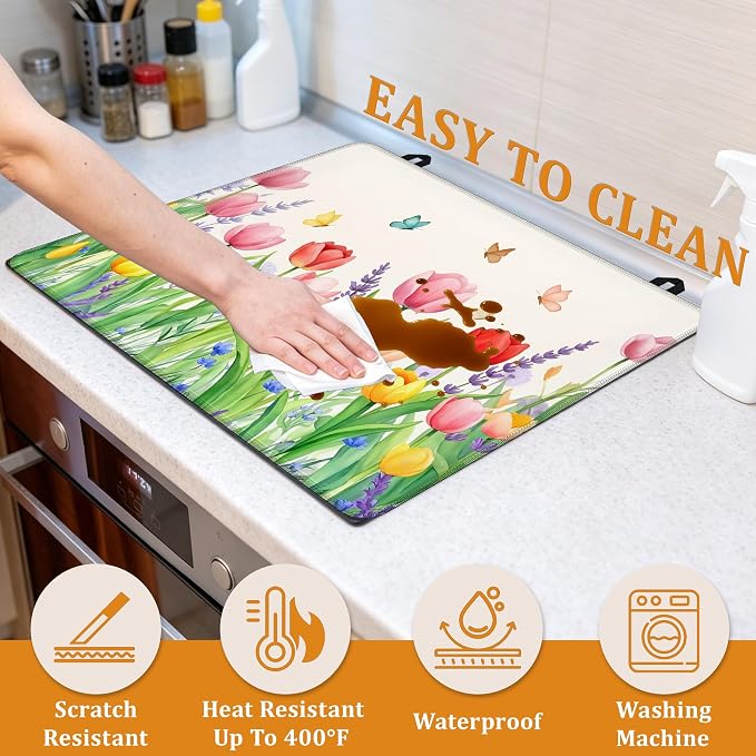 Spring Flowers Glass Top Stove Cover Protector,Rusti c Butterfly Heat Resistant Stove Top Cover, Large Size Range Covers for Electric Stove Countertop Mat, 28 x 20 Inch