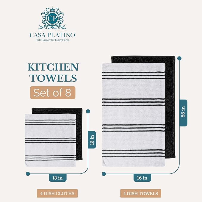 Casa Platino Kitchen Towel Set 8 Pc - 4 Dish Towels for Kitchen (16"x26") & 4 Dish Cloths (13"x13") - Absorbent, Quick Dry, Durable Cleaning Cloth & Hand Towels With Hanging Loop for Cleaning - Black.