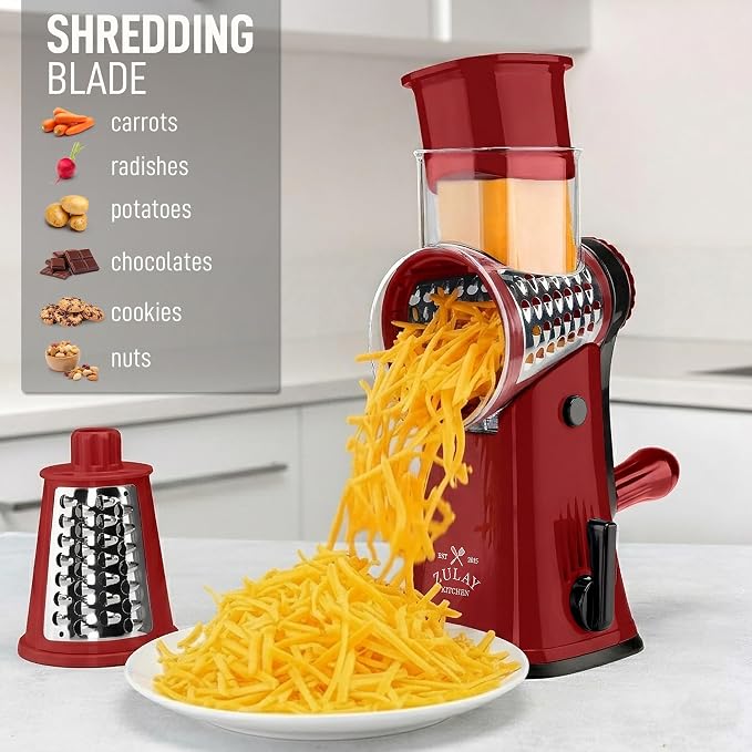 Zulay Kitchen Rotary Cheese Grater 5 Blade Cheese Shredder - Manual Hand Crank Cheese Grater With Reinforced Suction & 5 Interchangeable Drums - Easy to Use, Vegetable Chopper Round Mandoline Slicer
