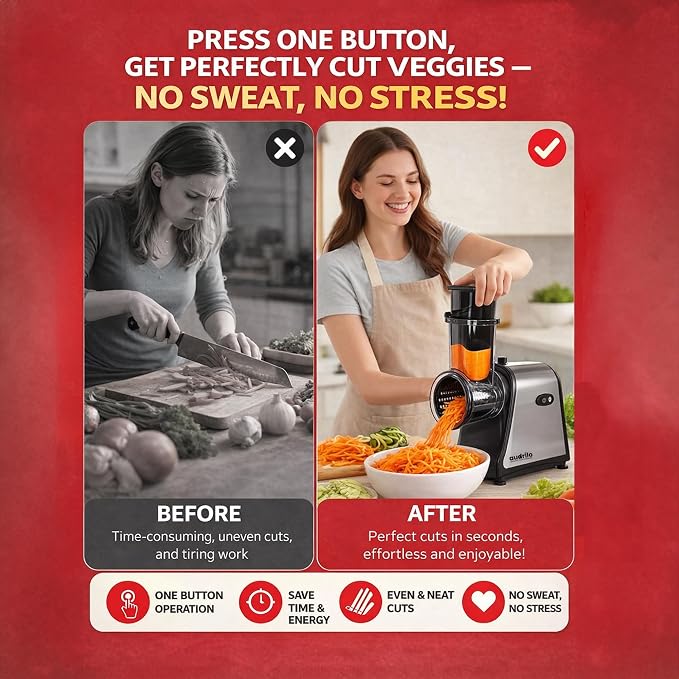 AUDRILO Electric Salad Maker & Cheese Grater, 5-in-1 Electric Vegetable Slicer with Interchangeable Stainless Steel Blades, Electric Food Processor for Cheese, Fruits & Vegetables, Electric Grater