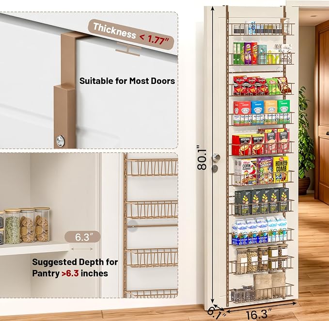 ElegantArray 10-Tier Pantry Door Organizer, Brown | Over The Door Pantry Organizer Rack and Storage, Hanging Spice Rack Shelves Door, Home Office Laundry Room Bathroom & Kitchen
