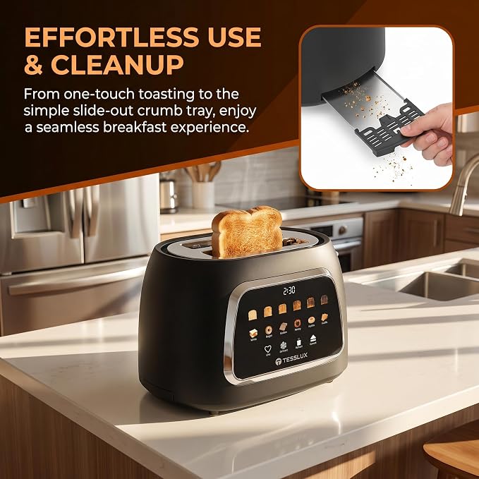 Tesslux Toaster 2 Slice, Extra Wide Slot, 800W, Touch Screen Panel, Black | LED Countdown, Defrost, Reheat, Cancel, 6 Bread Modes, 6 Browning Levels, Crumb Tray, Matte Black Stainless Steel