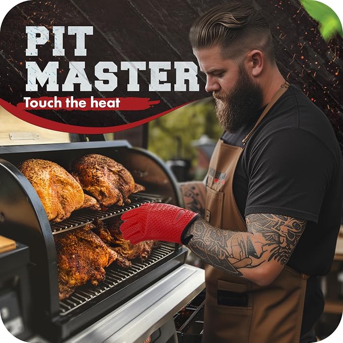 KITCHEN PERFECTION S Silicone Smoker BBQ Gloves - Heat Resistant Oven Mitts | Waterproof, 5-Finger Design For A Better Grip, for Pitmasters, Meat Smoking, Grilling, Cooking, Frying Turkey | Grill Gift