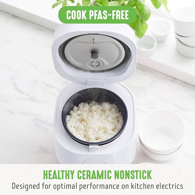 GreenLife Digital Rice & Beans Cooker, 2-Cups Uncooked/4-Cups Cooked, Removable Nonstick Ceramic PFAS-Free Pot, One-Touch Presets, Oats, Quinoa, Brown Rice, Auto Keep Warm, Fuzzy Logic Tech, 1.5 QT, White