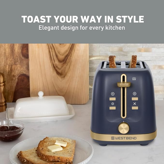 West Bend Timeless 2-Slice Toaster with 7 Browning Levels, Bagel/Waffle/Defrost Settings, High-Lift Lever, Anti-Jam, Easy-Clean Crumb Tray, 2-Slice, Blue/Gold