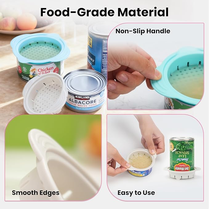 Can Lids & Strainer Duo — 2 Packs Can Strainers and 4 Packs Silicone Can Covers, Fit for 3.0''|3.2''|3.5''|4.0-inches Canned Food, Holiday Kitchen Set, Essential Canning Supplies