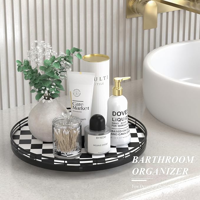 AMH 13-Inch Black and White Checkerboard Lazy Susan with Oak Wood Base | Smooth rotating oak tray with walnut finish for dining tables, kitchen counters, pantries and cabinet storage.