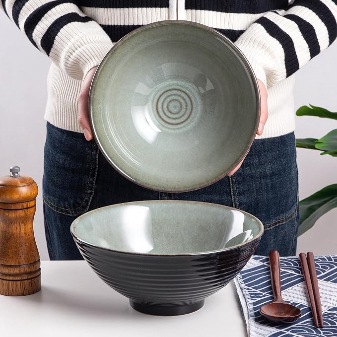 Ceramic Japanese Ramen Bowl Set, 2 Sets Asian Pho Udon Soup Noodle Bowls with Spoons and Chopsticks (Grayish Green, 8 inches)