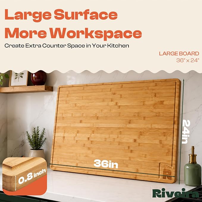 Riveira Extra Large Bamboo Cutting Board for Kitchen, 36" x 24", 0.8 Inch Thick – Large Wood Cutting Board with Juice Groove, Reversible Butcher Block Cutting Board for Meat, Bread & Charcuterie
