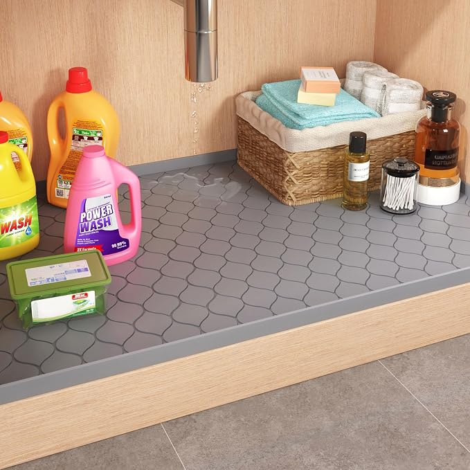 Winisok Waterproof Under Sink Mat 40" x 19", Silicone Mat, Beige | Raised Edge Traps Spills & Leaks, Shelf Liner, Cabinet Protector, for Kitchen, Bathroom, Boots, Pets, Home Essentials