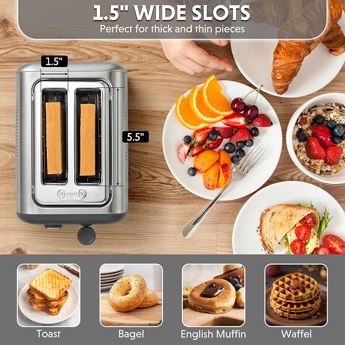 BUYDEEM DT620 2-Slice Toaster, 7 Shade Settings, Extra Wide 1.5'' Slots for Bagel & English Muffin, 6 Toasting Functions, Retro Stainless Steel Toaster with High Lift Lever, Silver