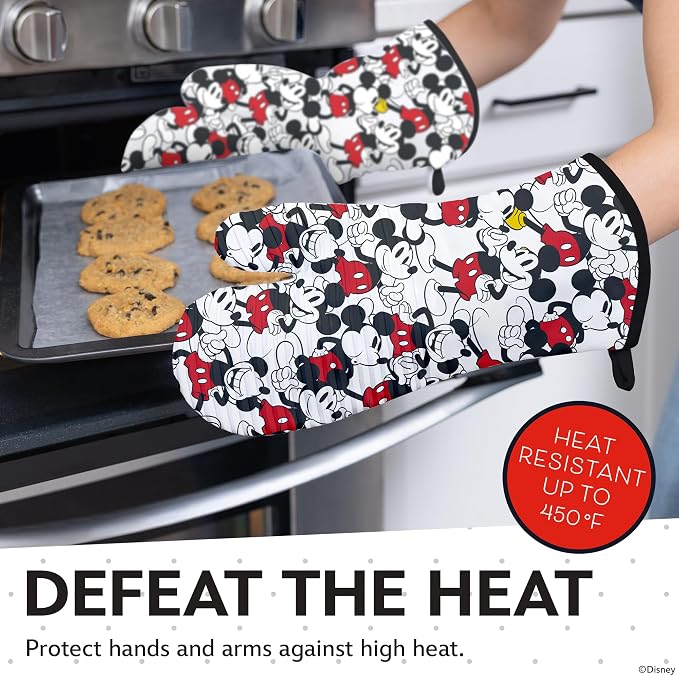 Disney Silicone Oven Mitts Heat Resistant – Set of 2 Long Cuff Cotton Kitchen Mitts with Silicone Grip Stripes, Cute Oven Mitts & Pot Holders for Cooking, Baking & Kitchen Essentials- Mickey