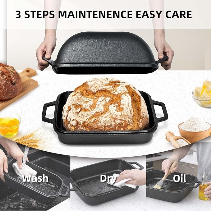 Davivy 9QT Dutch Oven for Sourdough Bread, Non-stick Cast Iron Sourdough Bread Loaf Baking Pan, Large Capacity Cast Iron Loaf Pan, with Silicone Oven Mitts, 12.3" x 9.2", Matte Black