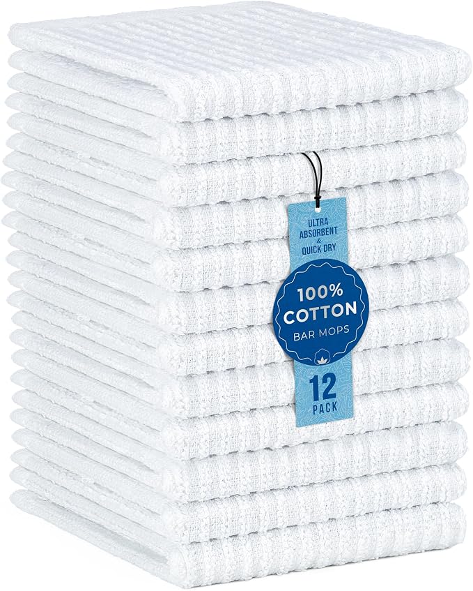 12 Pack 100% Cotton Bar Mops, 12 x 12 in, Ultra Absorbent