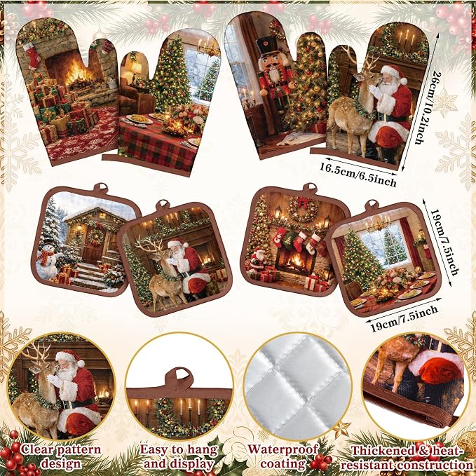 Silifine 12 Pcs Christmas Oven Mitts Pot Holders Kitchen Towels Sets | Vintage Christmas Accessories, Santa Claus, Nutcracker, Reindeer, Holiday Kitchen Set for Baking Cooking Housewarming Gift