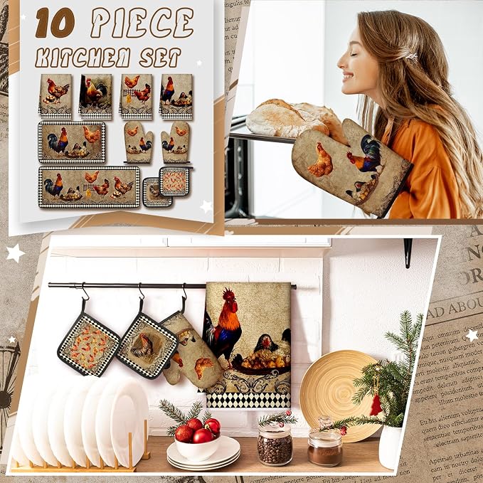 Fourluoo 10 Pcs Rooster Chicken Kitchen Dish Towels Rugs Oven Mitts and Pot Holders Sets Farmhouse Rustic Rooster Kitchen Decor Set for Cooking Baking Grilling Women Mom Gift(Black, White)
