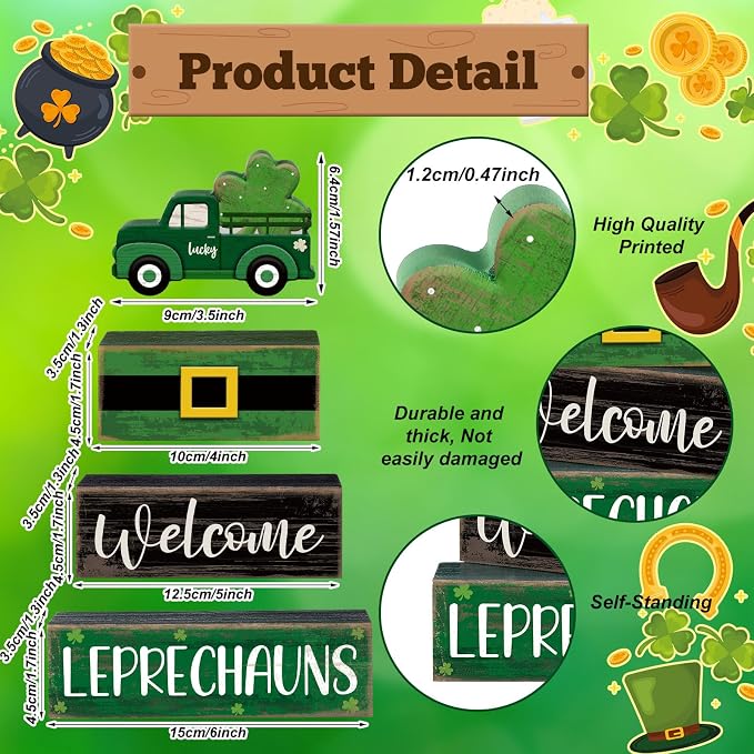 Lineshading 4 Pcs Wooden Leprechaun Block Signs Tiered Tray Decor | Rustic Farmhouse Shamrock Truck Signs, Stackable Tabletop Decor for St Patricks Day, Home Decor and Gifts