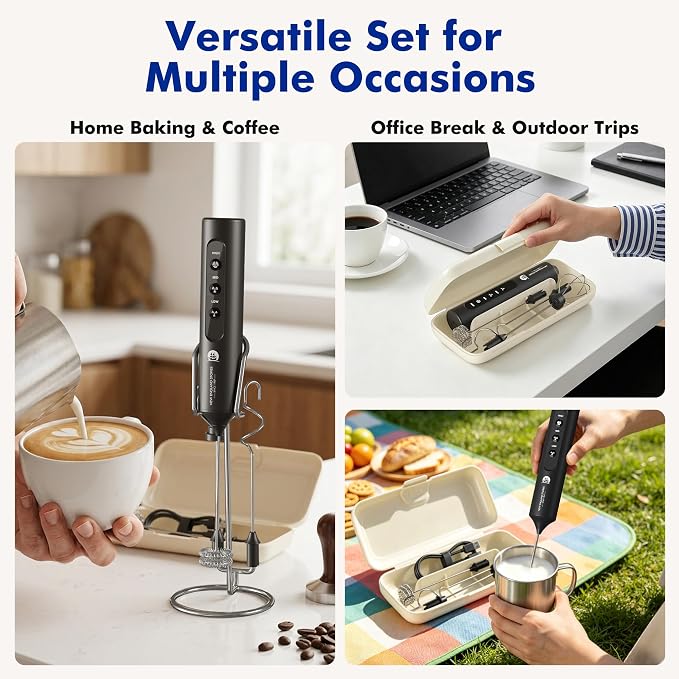 Rechargeable Milk Frother with Stand, 4 Interchangeable Whisks & Travel Case – Handheld Mixer for Lattes, Matcha, Hot Chocolate, Eggs & Protein Shakes
