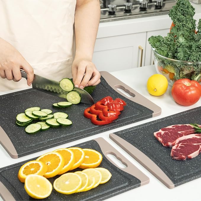 Extra Large Cutting Boards, Plastic Cutting Boards for Kitchen (Set of 3) Cutting Board Set Dishwasher Chopping Board with Juice Grooves Easy-Grip Handles, Almond Gray, Empune