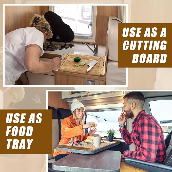 Rv Stove Top Cover Board Wood Noodle Board Camper Stove Top Cover Countertop Cutting with 5 Pcs Adjustable Non-Slip Rubber Feet Leg Juice Groove for Trailer Gas Burner Kitchen(Light Brown)