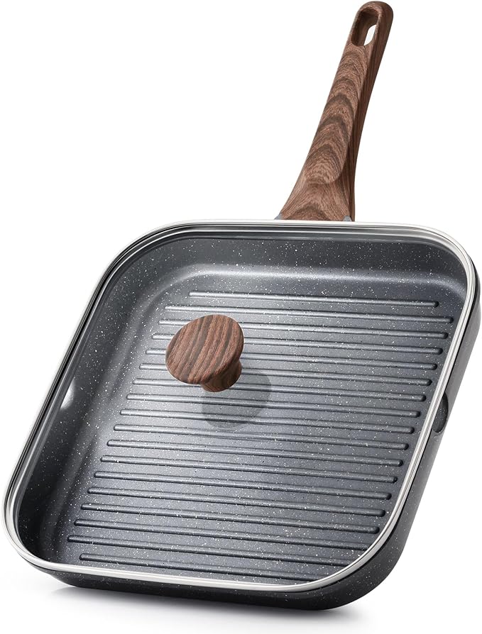 SENSARTE Nonstick Grill Pan with Lid, Grill Pan for Stove Tops, Versatile Griddle with Pour Spouts, Square Big Cooking Surface, Durable Skillet Indoor & Outdoor Grilling. PFOA Free, 9.5 Inch