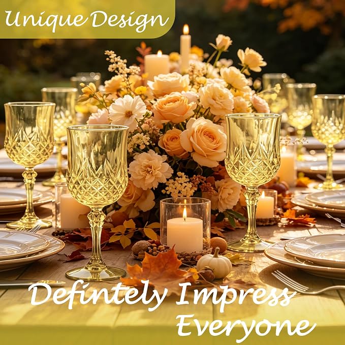 24Pack Plastic Wine Glasses, 7oz Vintage Goblets for Wedding | Unbreakable Crystal Style Reusable Stemware, Elegant Gold Drinking Glass for Party Anniversary & Holiday Celebration