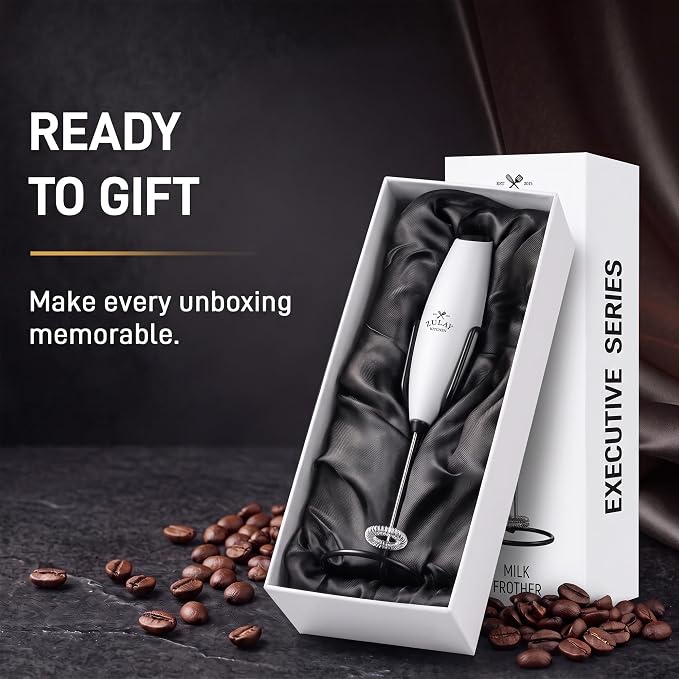 Zulay Kitchen Powerful Milk Frother Wand With Duracell Batteries - Ultra Fast Handheld Drink Mixer - Electric Whisk Foam Maker for Coffee, Lattes, Cappuccino & Matcha - Z1 Motor - Exec White & Black