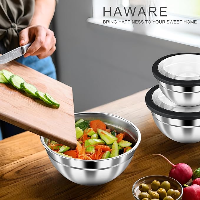 HaWare Mixing Bowls with Airtight Clear Lids, 6-Piece Nesting Bowls Set | Stainless Steel Salad Bowl for Cooking, Prepping, Baking, Serving & Food Storage, Size 4.6, 3, 1.5QT, Black