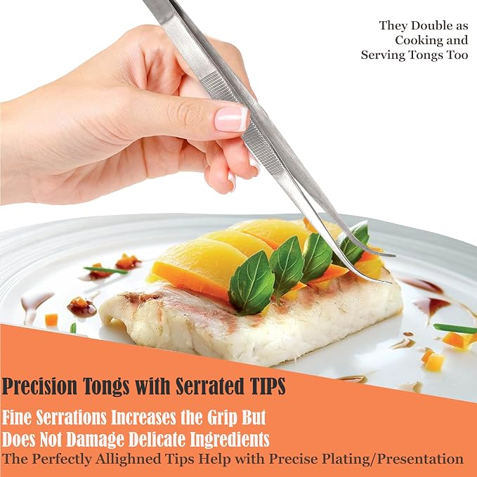 Professional Culinary Stainless Steel Precision Tongs With Serrated Tips - Plating/Food Presentation Detailing Serving - Chef's Kitchen Tweezer - Ultra Non-Slip Grip (8" Curved Slim)