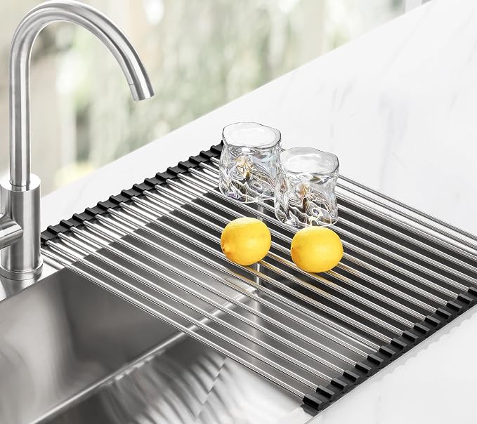 Tomorotec Roll Up Dish Drying Rack Over Sink, 304 Steel, 21x15.5, Black | Anti-Slip Silicone Rims For Grip, Heat-Resistant Trivet Mat Holding Heavy Cookware, Rustproof Kitchen Counter Space Saver