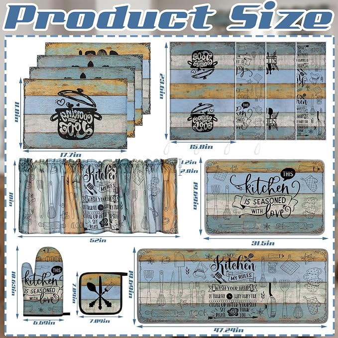 Fourluoo 16 Pcs Farmhouse Kitchen Decor Set 4 Kitchen Towels 4 Placemats 2 Non Slip Rugs and Mats for Floor 2 Spring Oven Mitts Gloves 2 Pot Holders 2 Floral Curtains for Home Decoration Gift