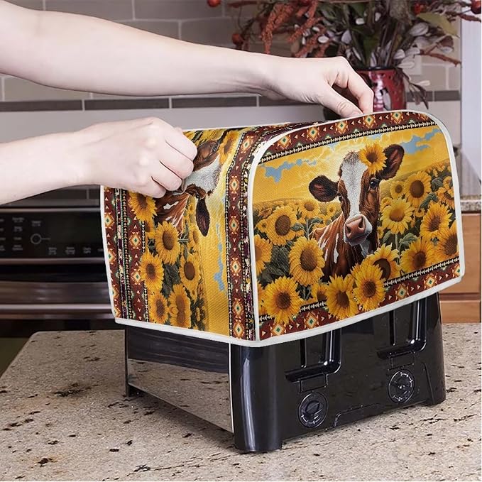 Sunflower Cow Print Toaster Cover for Home Office, Cute 4 Slice Wide Slot Toaster Appliance Cover, Dirtproof Bread Toaster Cover Bakeware Protector
