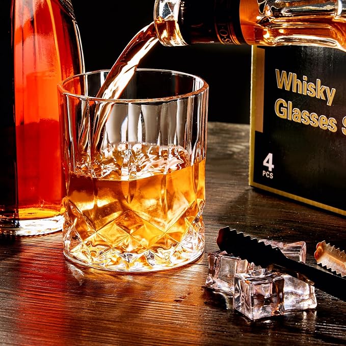 GLASKEY Whiskey Glasses Set of 4,Rock Glasses,11 oz Lead-Free Crystal Bourbon Glass,Old Fashioned Glass for Bourbon,Cognac,Irish Whisky,Personalised Whisky Glass Gift Set for Men,Dad,Brother